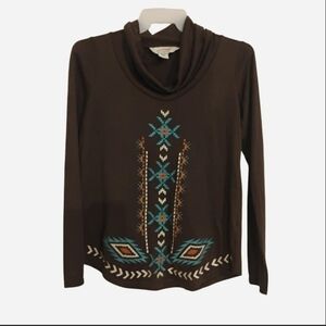 Roper Brown and Blue Patterned Women's Cowl Neck Sweater